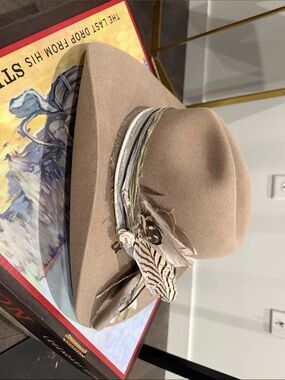 Taupe rabbit  cowboy Hat with Feather and Ribbon Trim
